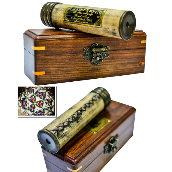 Maritime Treasures Brass Kaleidoscope with Wooden Box – Vintage 5.5" Collectible Toy for Kids & Adults – Antique Style Optical Gift