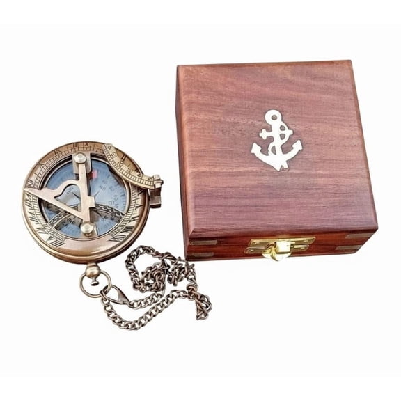 Maritime Treasures Brass Pocket Sundial Compass with Chain & Wooden Box Nautical Maritime Collectible