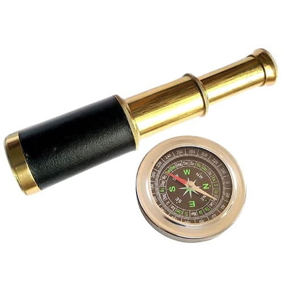 Maritime Treasures Brass Telescope and Magnetic Metal Compass(Pack of 2)