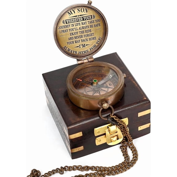 Maritime Treasures Instruments Brass Compass With Hardwood BoxEngraved with Motivational Quote, Gift for Son, Grandson, Daughter, Baptism, Confirmation Communion Godson Church Graduation Day -