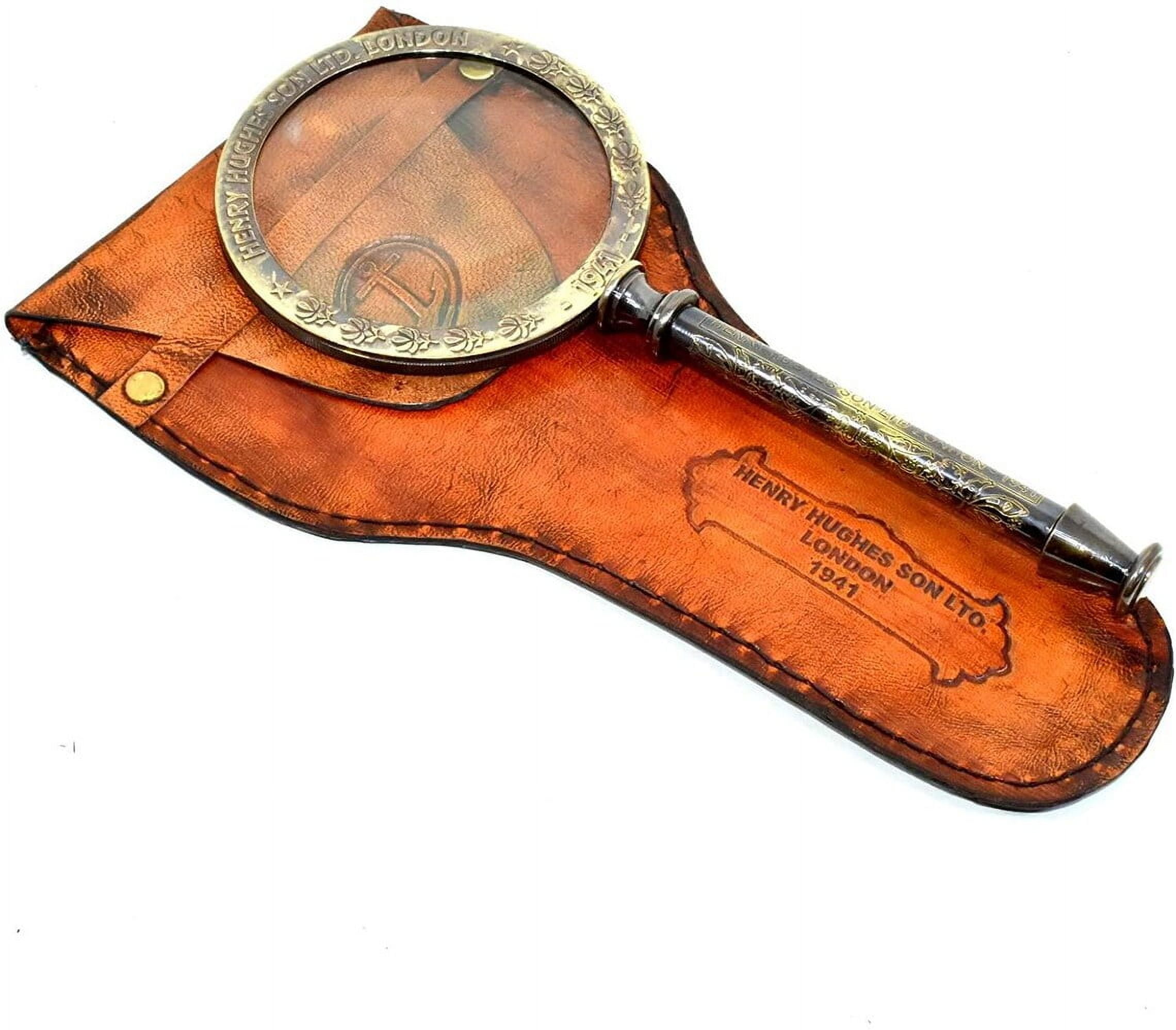 Maritime Treasures Magnifying Collectible Solid Brass 4" Diameter Brass Magnifying Glass Antique Desktop Magnifier With Leather Case. Brass Gift.