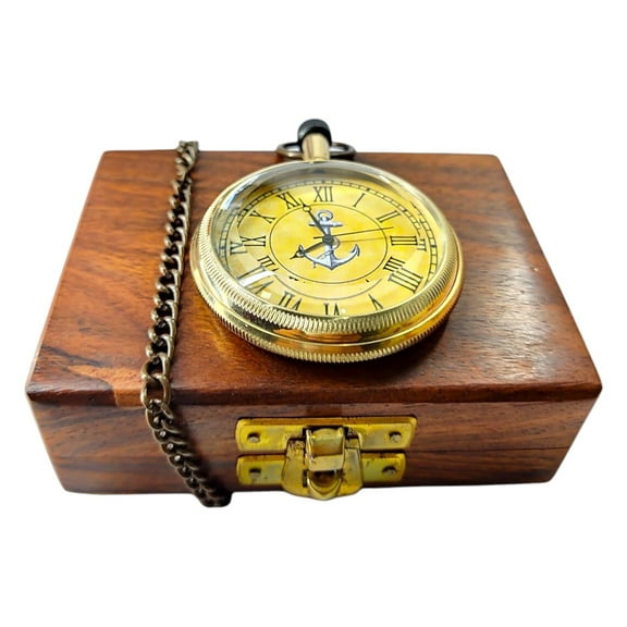 Maritime Treasures Vintage Anchor Compass with Wooden Storage Box Nautical Brass Pocket Compass with Chain | Antique Finish | Collectible Gift Item