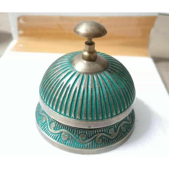 Maritime Treasures Vintage Brass Green Desk Bell Nautical Brass Table Office/Hotel Decorative Bell Loud&Clear Ringing Sound Call Bell For Hotel, Counter, School, Bar, Reception & Restaurant