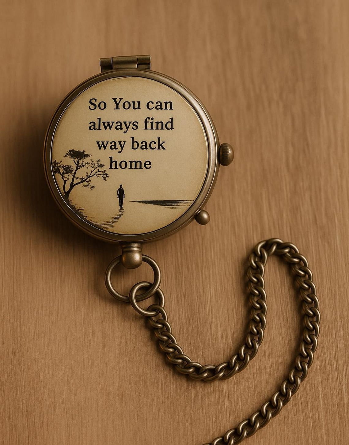 Maritime Treasures Vintage Brass Pocket Compass with Chain and Leather Case – “So You Can Always Find Way Back Home” Engraved Lid – Collectible Gift for Him