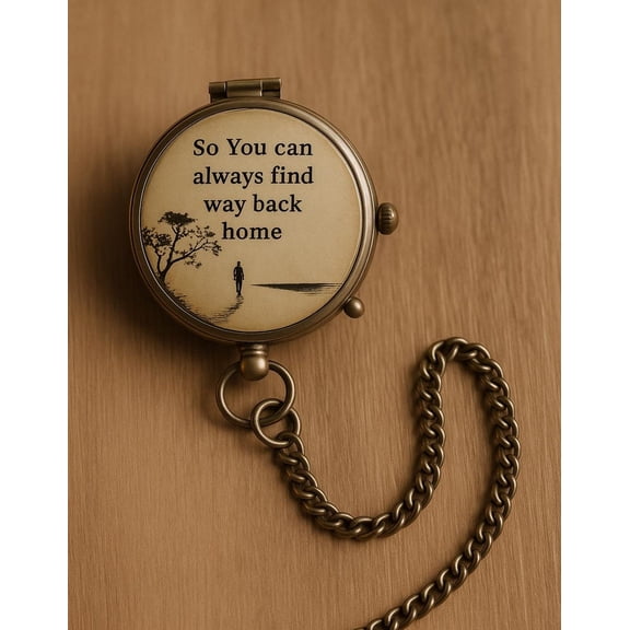 Maritime Treasures Vintage Brass Pocket Compass with Chain and Leather Case So You Can Always Find Way Back Home Engraved Lid Collectible Gift for Him