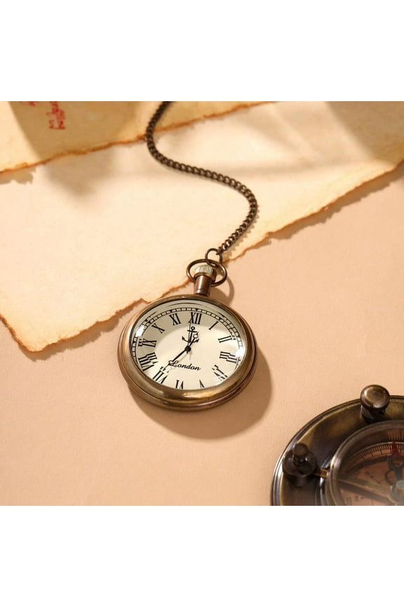 Vintage Brass Pocket Watch with Chain Thoreau Quote | Roman Numeral Dial London Style | Graduation & Retirement Gift for Men