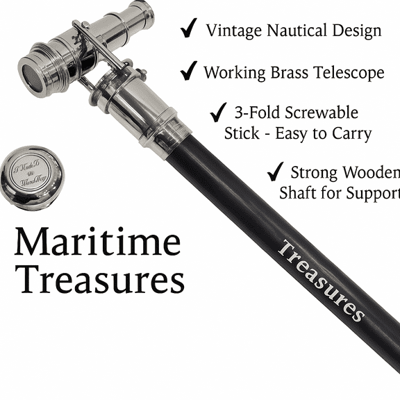 Maritime Treasures Vintage Telescope Walking Stick | 38-Inch Brass Handle Cane | Nautical Collectors Gift