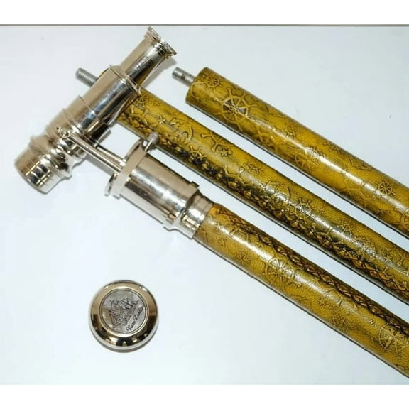 Maritime Treasures Vintage Wooden Leather Walking Stick with Brass Spy Hidden Engrave Telescope Best Gift for Christmas Birthday Etc.