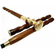 Maritime Treasuresr Vintage Antique Style Brass Wood Victorian Walking Stick Cane Spiral Carved 37"