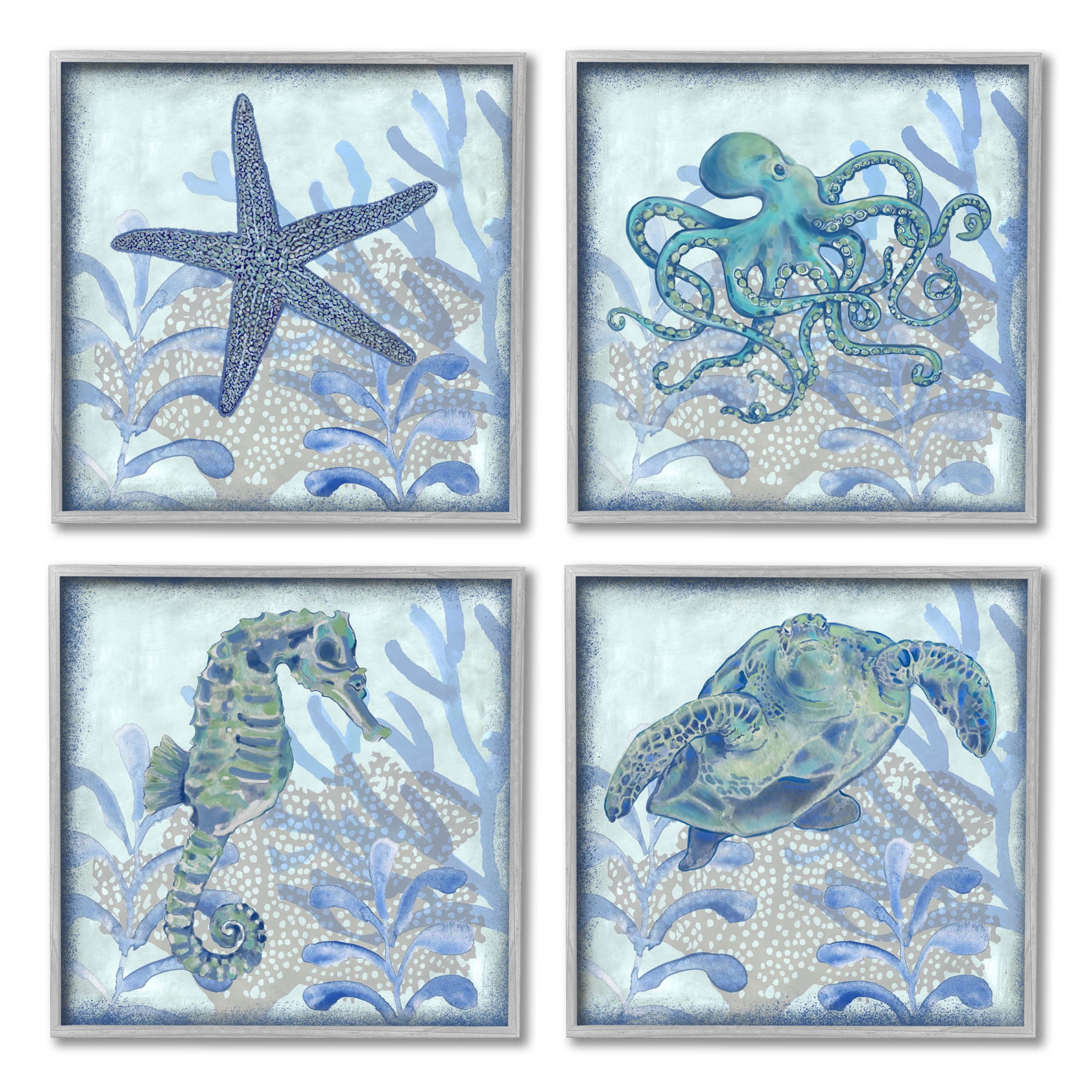 Maritime Underwater Sea Life Reef Animals & Insects Graphic Art Gray Framed Art Print Wall Art, Set of 4