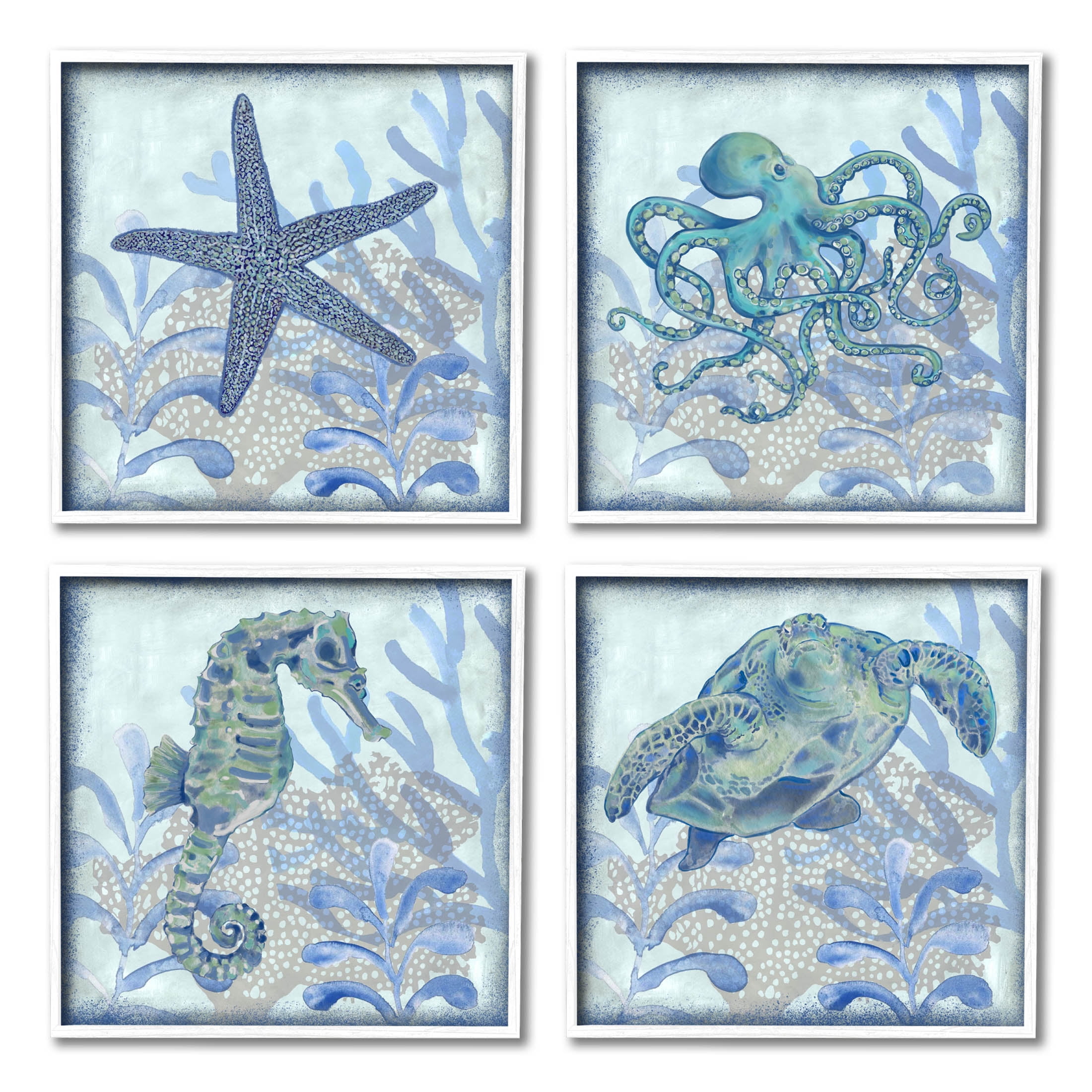 Maritime Underwater Sea Life Reef Animals & Insects Graphic Art White Framed Art Print Wall Art, Set of 4