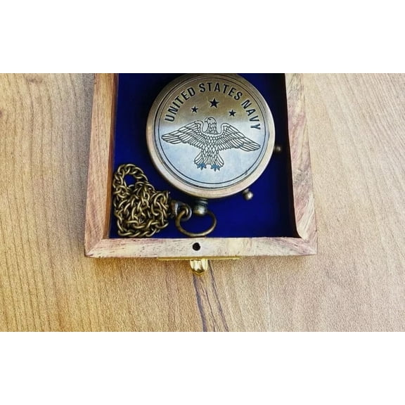 Maritime treasures Brass Compass with Chain and Wooden Box Navy Eagle Design Gift or Decor