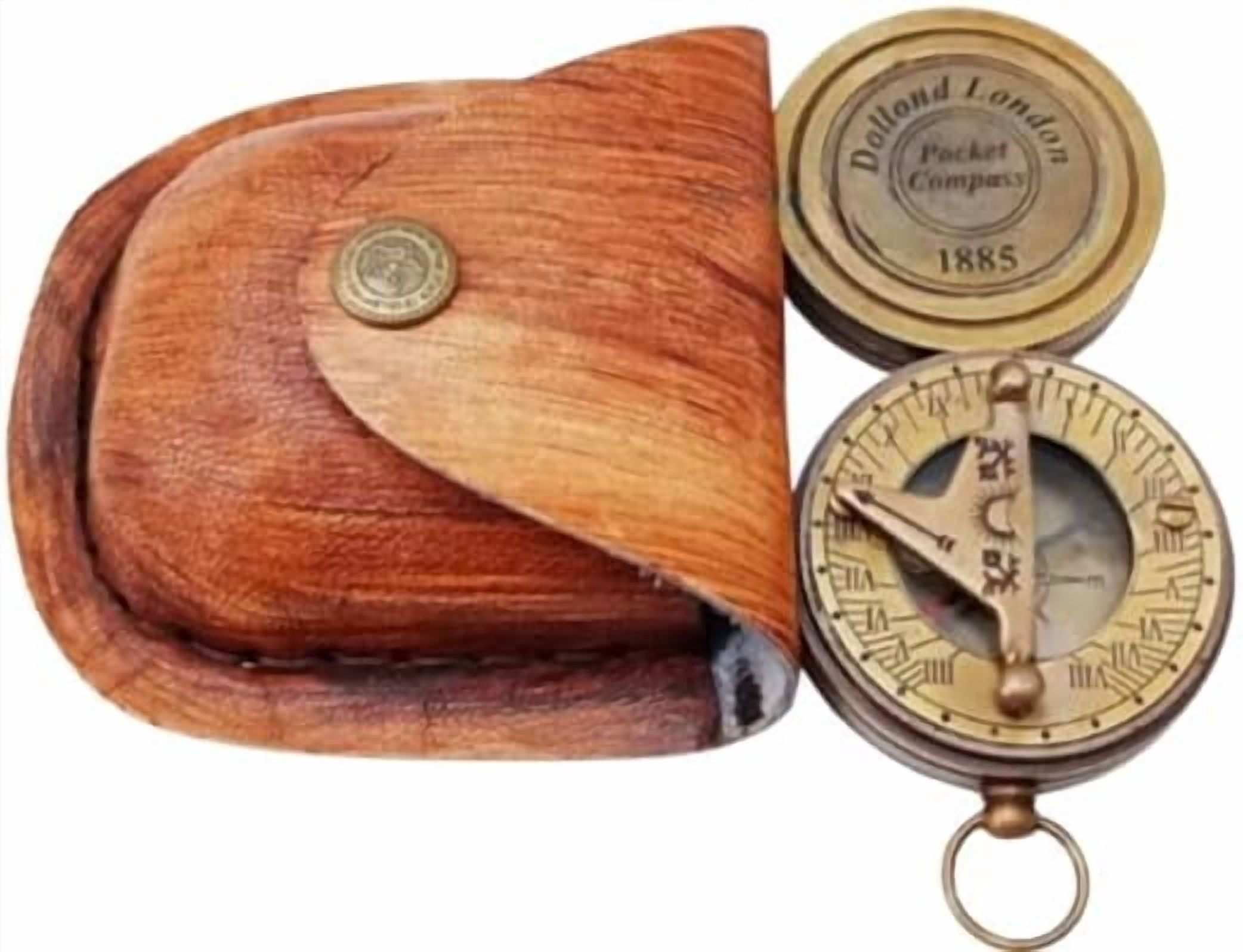 Maritime treasures Brass Push Button Compass with Leather Box Metal Crafts Hiking Camping Compass