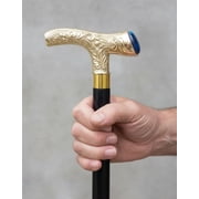 Maritime treasures Handcrafted Brass Walking Stick with Blue Gemstone Handle   Vintage Decorative Cane with Carved Floral Brass Grip & Black Wooden Walking Stick