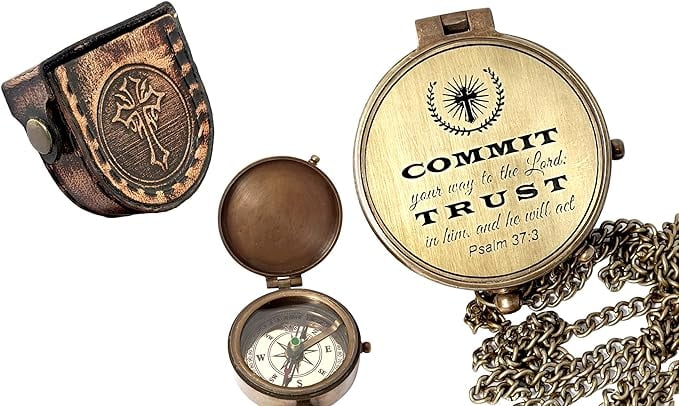 Maritime treasures Instruments Brass Compass Engraved Gift for Son, Grandson, Daughter, Baptism, Confirmation Communion Godson Church Graduation Day Psalm 37:3