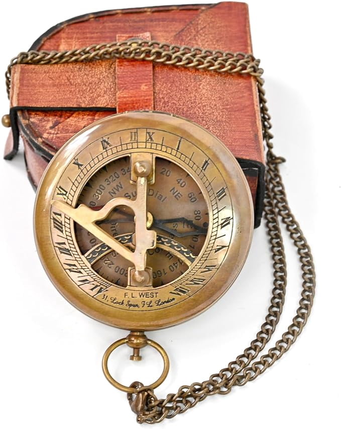 Maritime treasures Instruments Brass Sundial Compass with Leather Case and Chain - Steampunk Accessory - Antiquated Finish - Beautiful Handmade Gift -Sundial Clock (Classic)