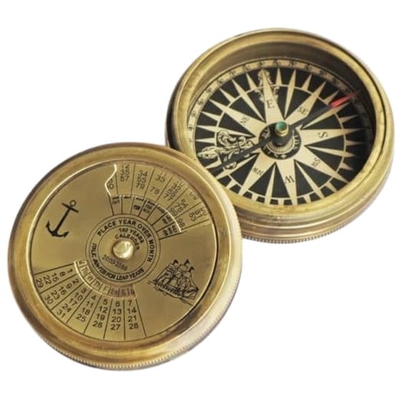 Maritime treasures Vintage Brass Calendar Compass Antique Nautical Pocket Compass with Perpetual Calendar Dial Marine Navigation Instrument, Collectible Gift