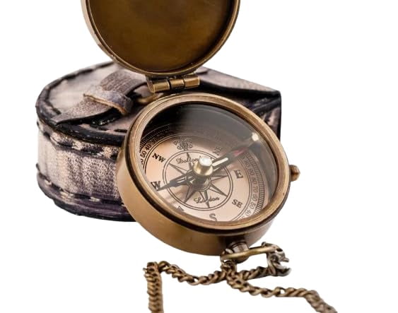 Maritime treasures Vintage Brass Compass with Leather Case – Antique Pocket Navigation Compass, Outdoor Hiking Camping Survival Gear, Nautical Gift for Men & Travelers