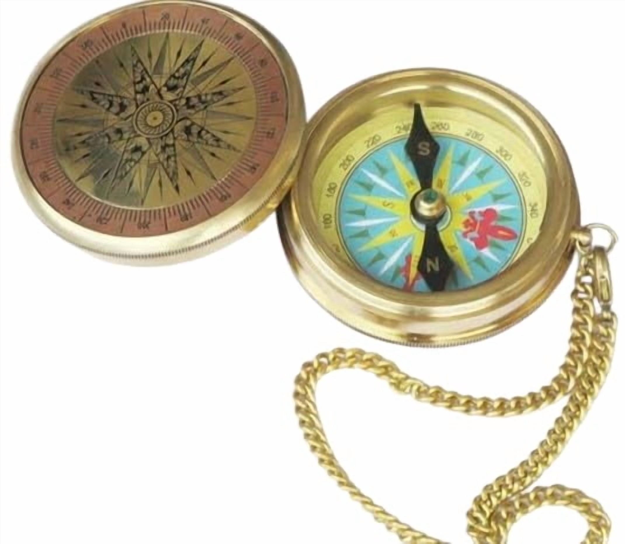 Maritime treasures Vintage Brass Pocket Compass with Chain | Antique Nautical Magnetic Compass | Collectible Navigation Instrument | Gift for Sailors, Hikers, Collectors