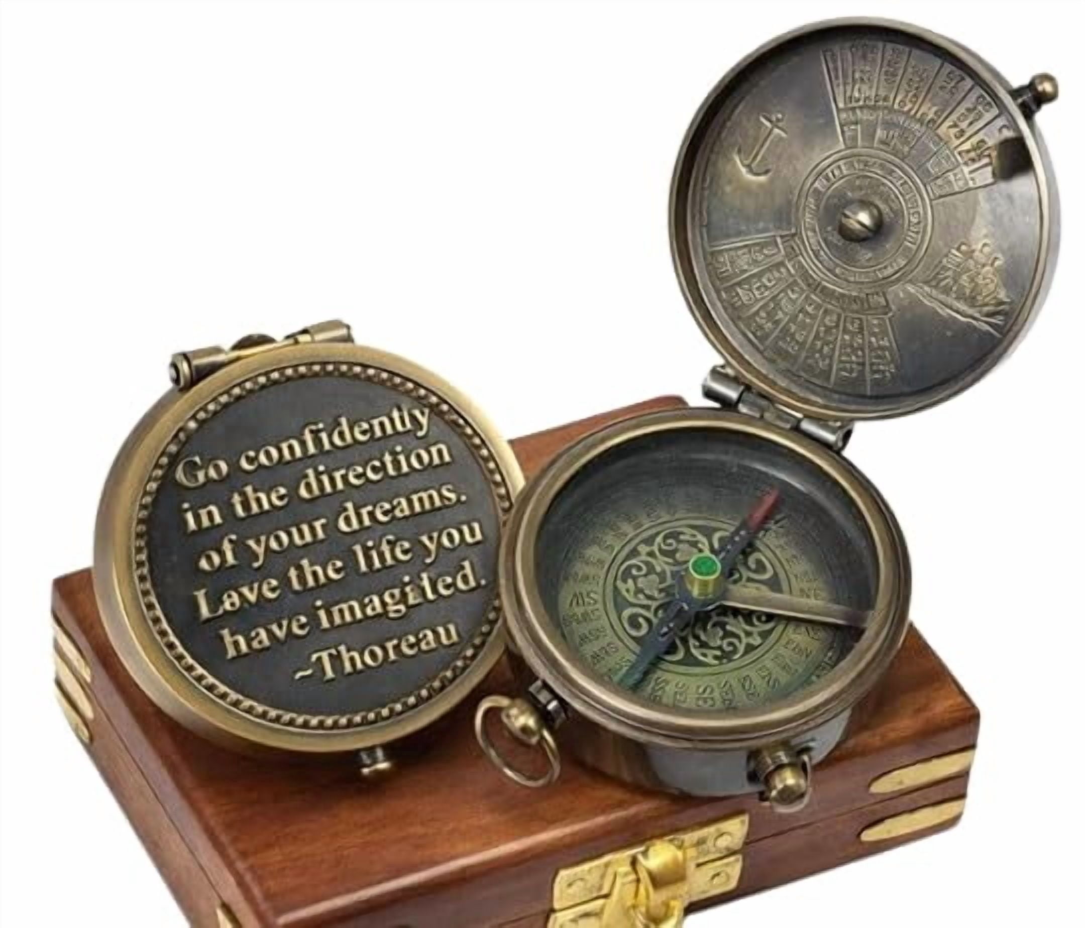 Maritime treasures Vintage Brass Pocket Compass with Engraved “Go Confidently in the Direction of Your Dreams” Quote – Antique Nautical Compass with Wooden Box, Gift