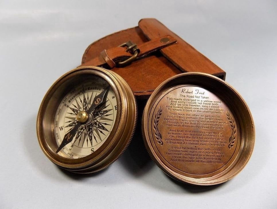 Maritime treasures Vintage Brass Pocket Compass with Leather Case | Antique Style Nautical Compass for Hiking, Travel, Desk Decor & Gift