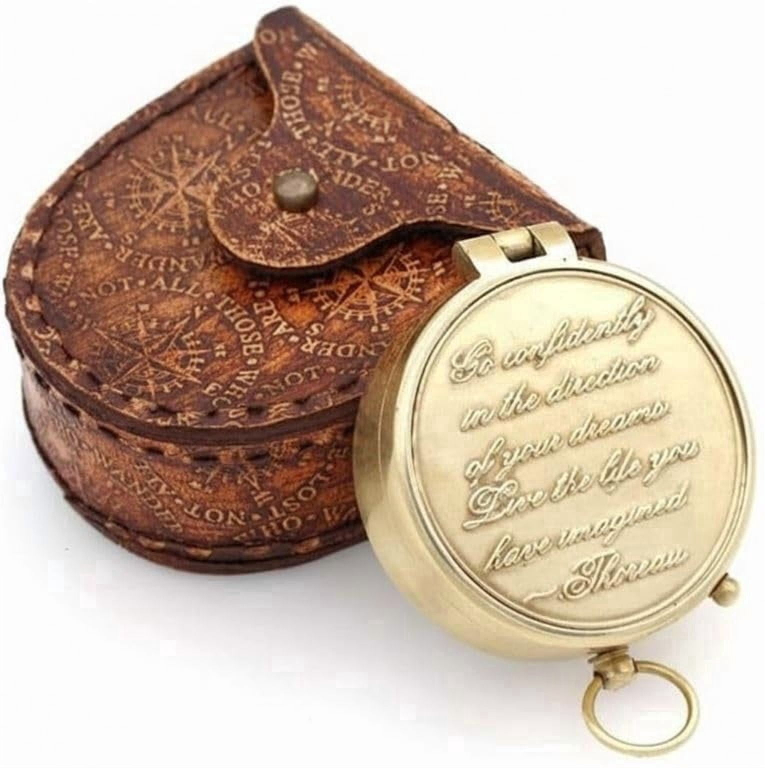 Maritime treasures Vintage Brass Pocket Compass with Leather Case – Nautical Maritime Gift Collectible