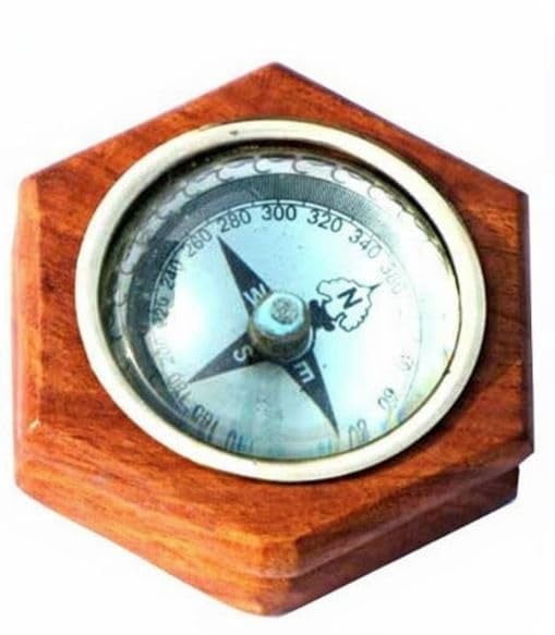 Maritime treasures Vintage Wooden Nautical Compass with Brass Ring Solid Wood Desk Compass for Home & Office Decor Antique Style Navigation Compass Gift
