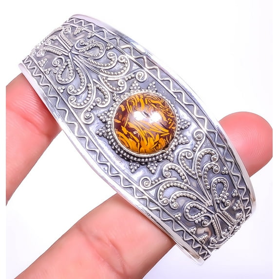 Marium Jasper - Africa 925 S Bali Sterling Silver Cuff Adst. C7879-46 A395, Valentine's Day Gift, Birthday Gift, Beautiful Jewelry For Woman & Girls