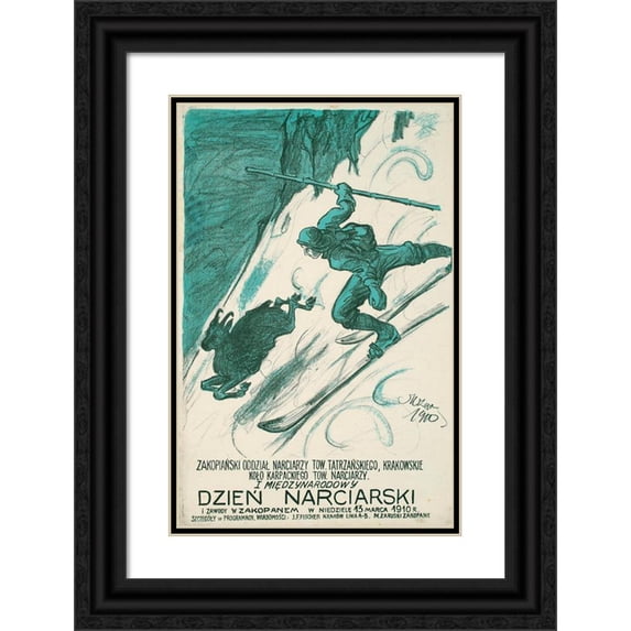 Mariusz Zaruski 11x14 Black Ornate Wood Framed Double Matted Museum Art Print Titled: 1st International Ski Day and Competition in Zakopane (1910)
