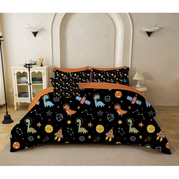 Marivelra Dinosaur Space Kids Comforter Set for Boys, Twin Size Bedding Set with Cute Colorful Cartoon Dino, Rocket and Planet Print, 6 Piece Bed in a Bag