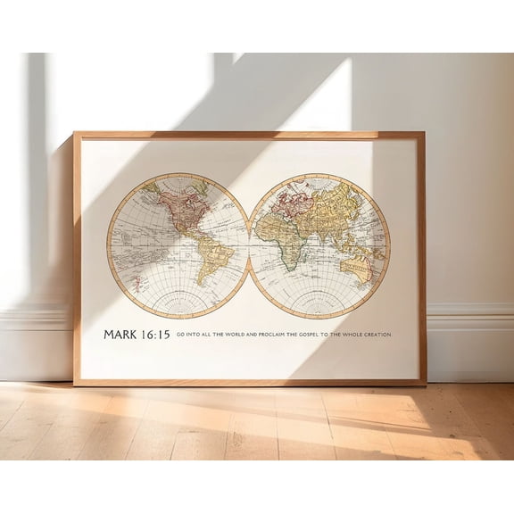 Mark 16:15 Vintage World Map Print, Christian Wall Art, Bible Verse Wall Art, Landscape Mural Art, Scripture Home Decor Wall Art, Modern Wall Decor, 8x12 UNFRAMED