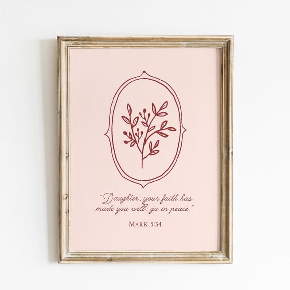 Mark 5:34 Blush Botanical Christian Scripture Wall Art Unframed Canvas 8x10in