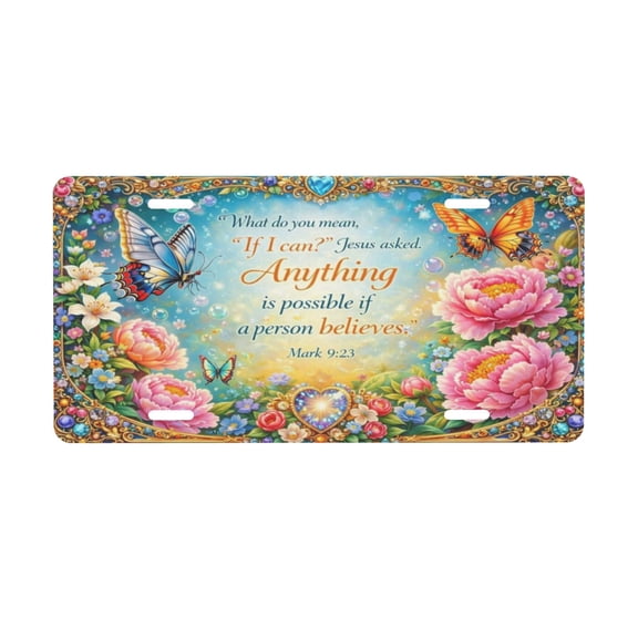 Mark 9 Peony Butterfly Christian License Plate, Front Car Plate with 4 Holes 6 x 12 Inch