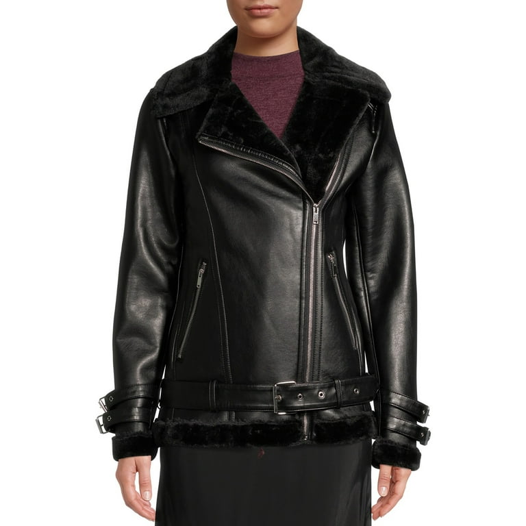 Faux Fur Lined Leather Shearling Moto Jacket