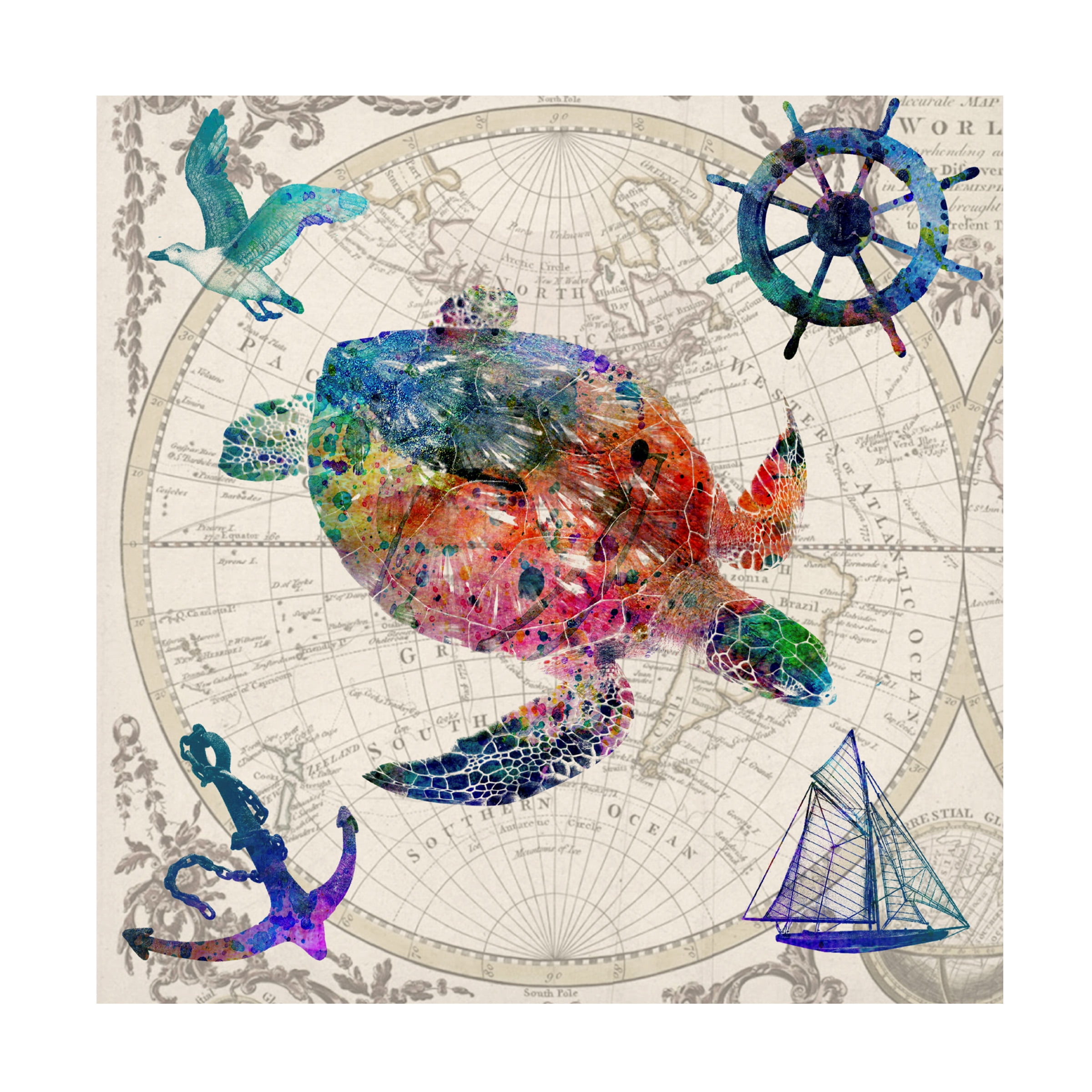 Mark Ashkenazi Multicolor Sea Turtle Canvas Art Print 14" x 14"