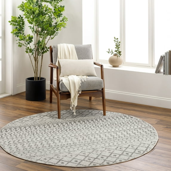 Mark&Day Area Rugs, 10ft Round Louise Global Gray Area Rug, Cream Charcoal Slate Carpet for Living Room, Bedroom or Kitchen (10' Round)