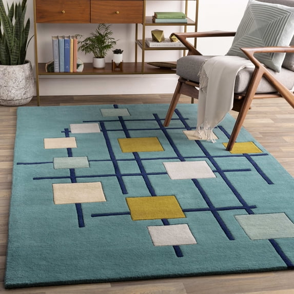Mark&Day Wool Rugs, 10x10 Charlo Modern Teal Square Area Rug, Blue Beige Grey Carpet for Living Room, Bedroom or Kitchen (9'9" Square)