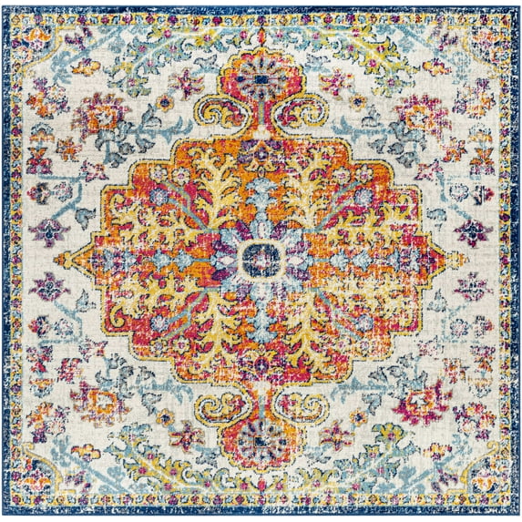 Mark&Day Area Rugs, 10x10 Olivia Traditional Saffron/Navy Square Area Rug, Blue Off-White Orange Carpet for Living Room, Bedroom or Kitchen (10' Square)