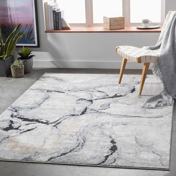 Mark&Day Area Rugs, 10x14 Tuil Modern Abstract Marble Dark Blue Area Rug, Grey Ivory Blue Marble Swirl Carpet for Living Room, Bedroom or Kitchen (10' x 14')