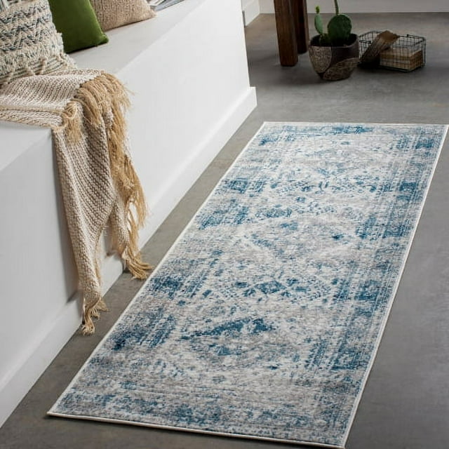 Mark&Day Area Rugs, 2x12 Jules Traditional Sky Blue Light Gray White Navy Runner Area Rug (2'7" x 12')