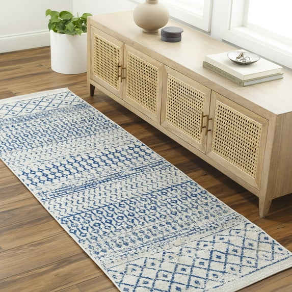 Mark&Day Area Rugs, 3x18 Louise Global Denim Runner Area Rug, Cream Dark Blue Slate Carpet for Hallway, Kitchen, Bedroom or Living Room (2'7" x 18' Runner)