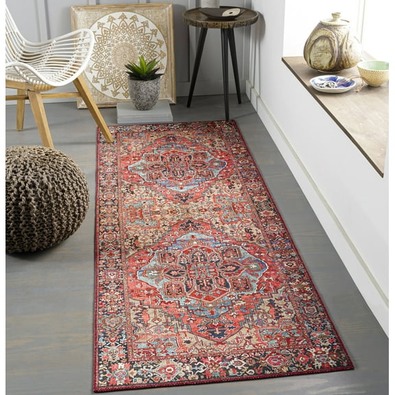 Mark&Day Area Rugs, 2x20 Manche Traditional Bright Red Navy Wheat Ice Blue Grass Green Ivory Runner Area Rug (2'7" x 20')