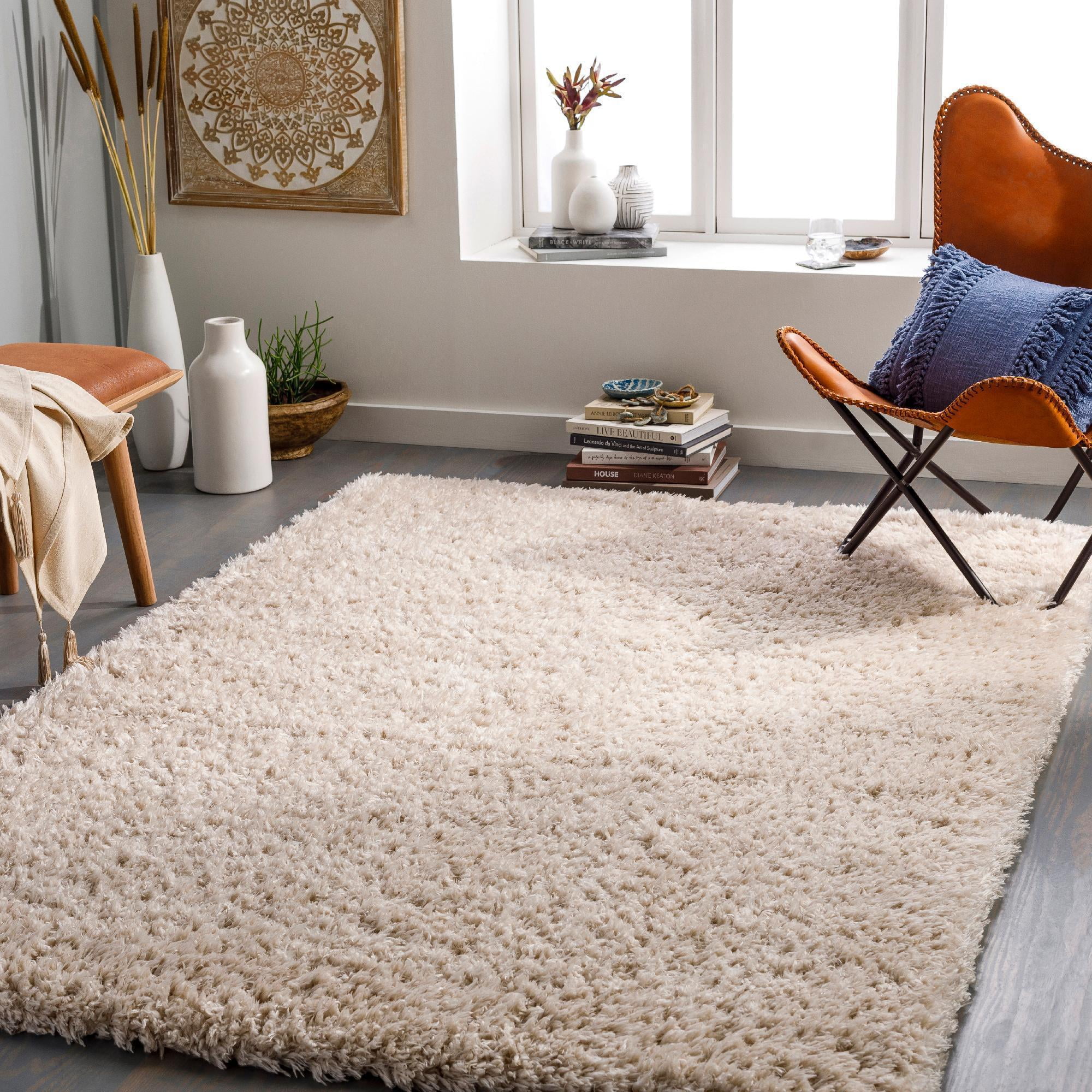 Beige Round Hand-Knotted Shag Fur Rug