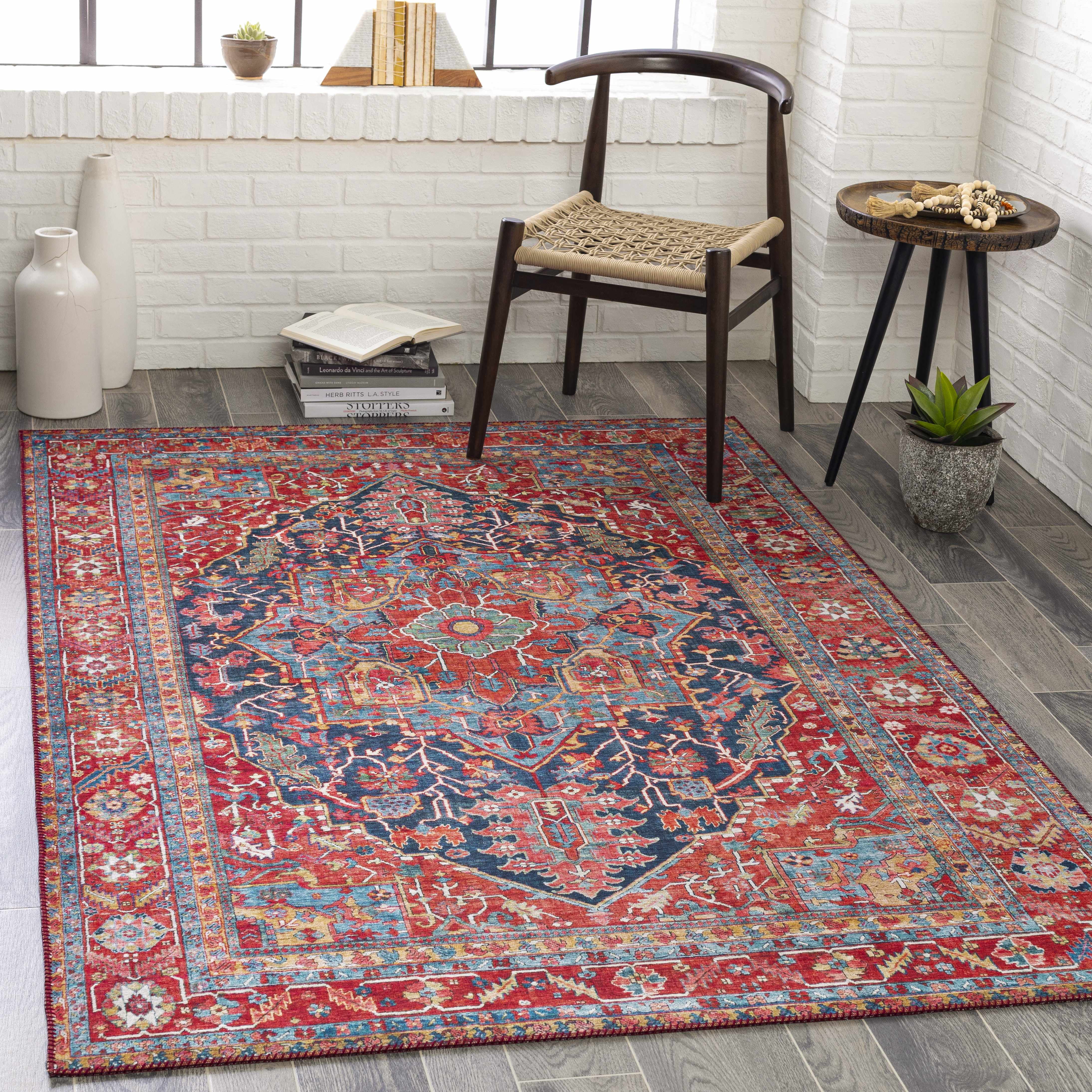 Linden Bright Red and Blue Hand-knotted Synthetic Fur Rug