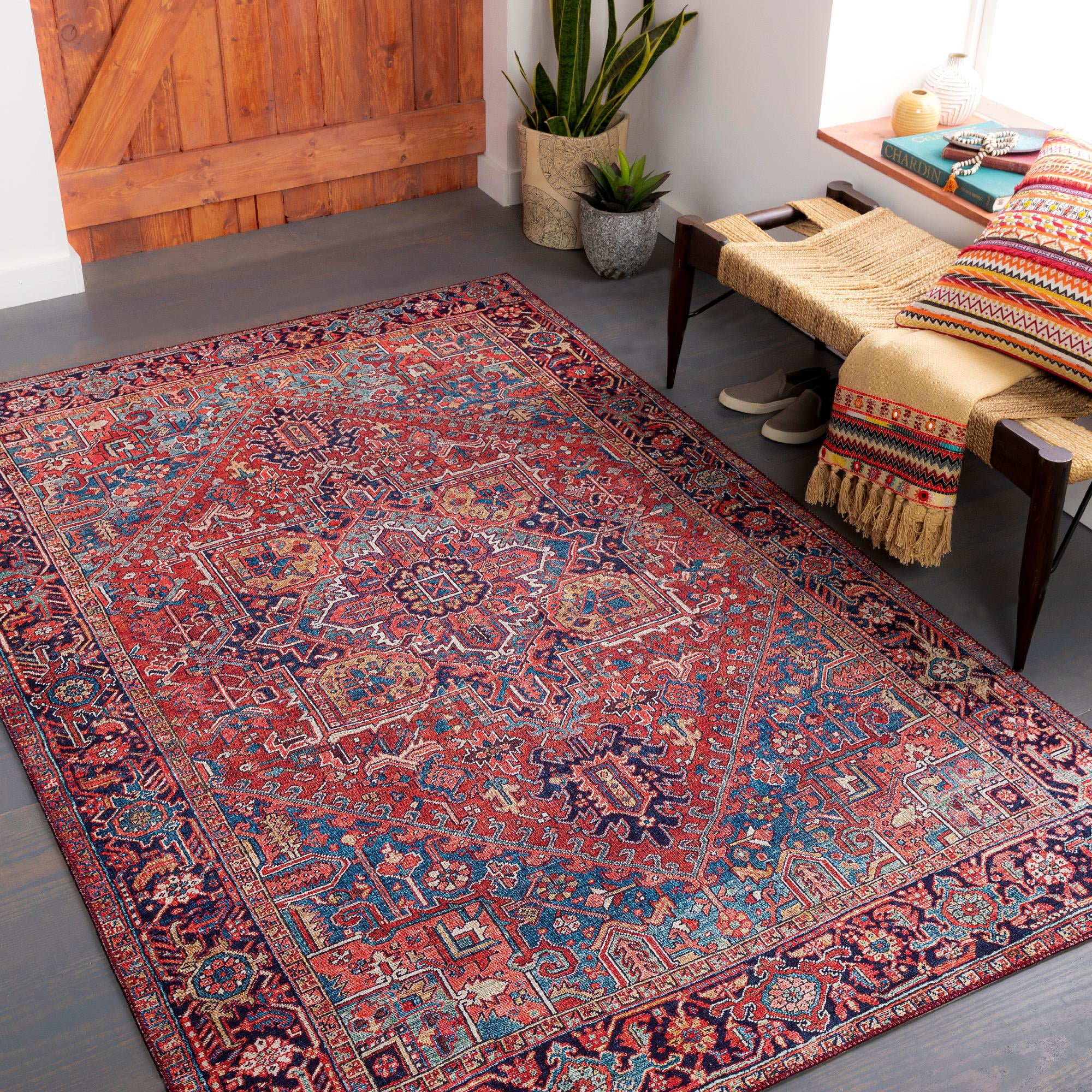 Looneind Traditional Red and Blue Stain-Resistant Synthetic Fur Rug
