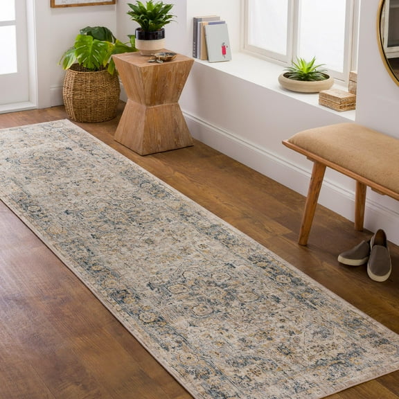 Mark&Day Area Rugs, 3x7 Harcourt Traditional Denim Runner Area Rug, Blue Orange Beige Carpet for Hallway, Kitchen, Bedroom or Living Room (2'7" x 7'3" Runner)