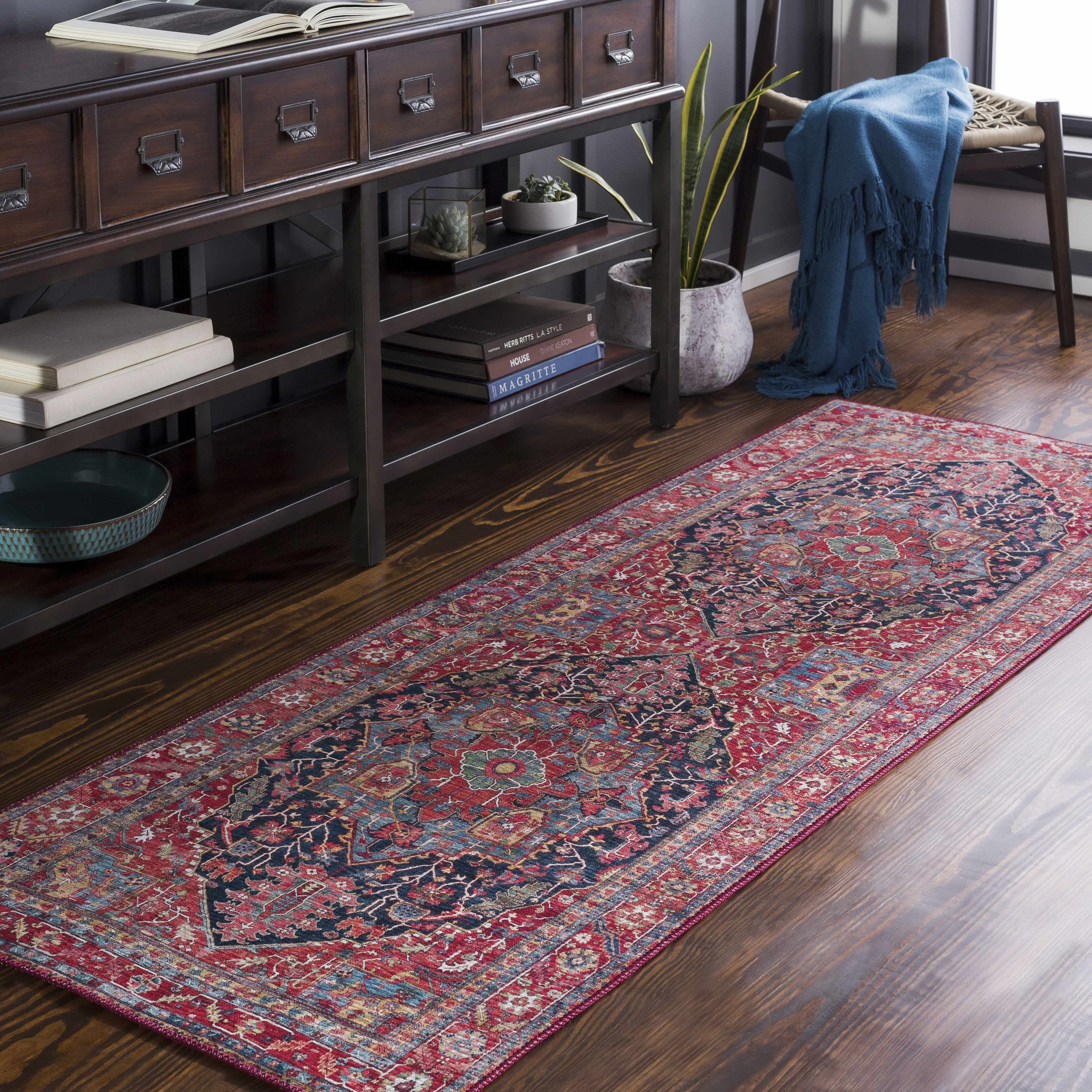 Linden Traditional Bright Red Wool Runner Rug 2'6" x 7'6"
