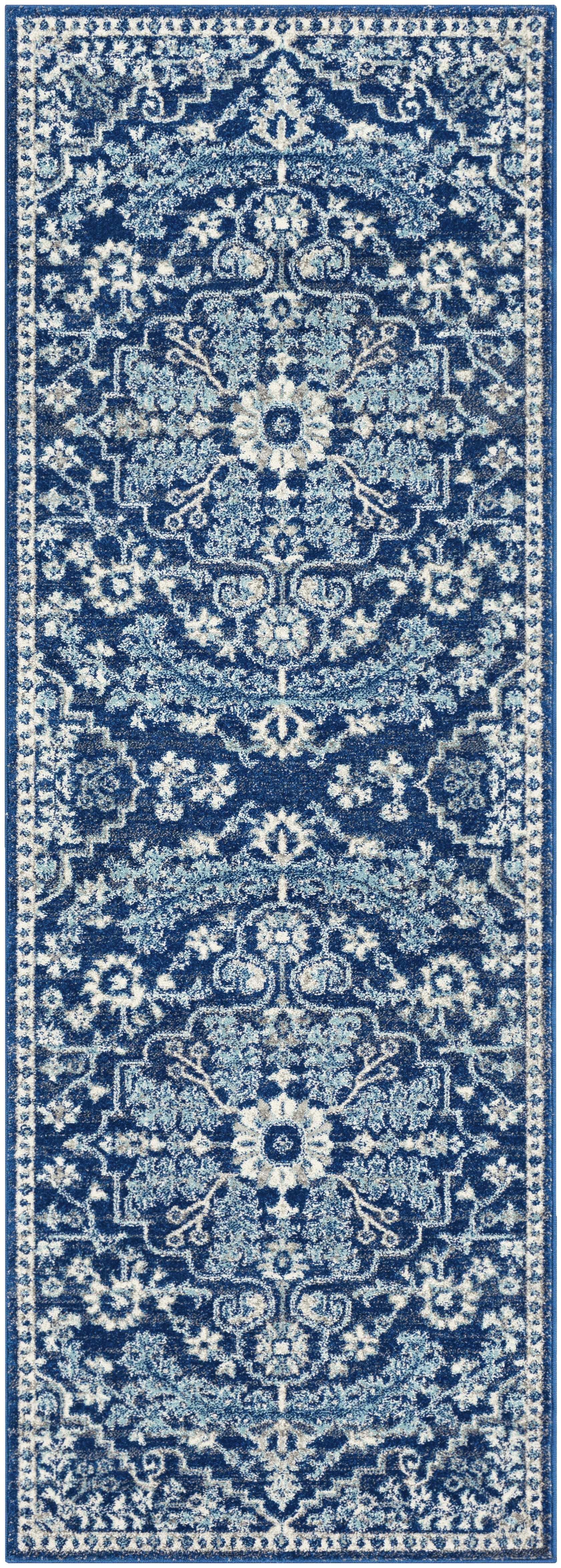 Olivia Dark Blue Polypropylene Traditional Runner Rug 2'7" x 7'3"