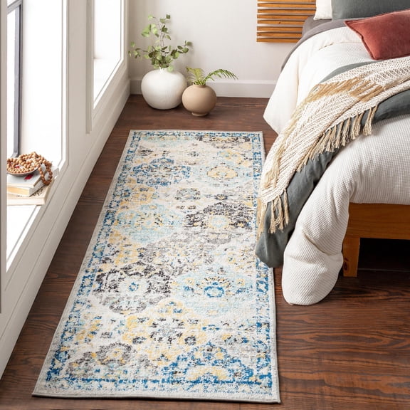 Mark&Day Area Rugs, 3x8 Emilly Traditional Dark Blue Runner Area Rug, Blue Beige Grey Carpet for Hallway, Kitchen, Bedroom or Living Room (2'7" x 7'3" Runner)