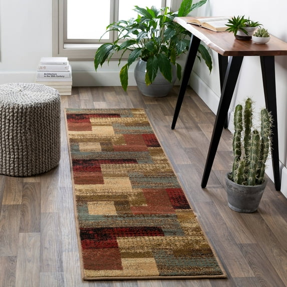 Mark&Day Area Rugs, 2x7 Hugo Modern Dark Red Runner Area Rug, Brown Red Grey Carpet for Hallway, Kitchen, Bedroom or Living Room (2' x 7'5" Runner)